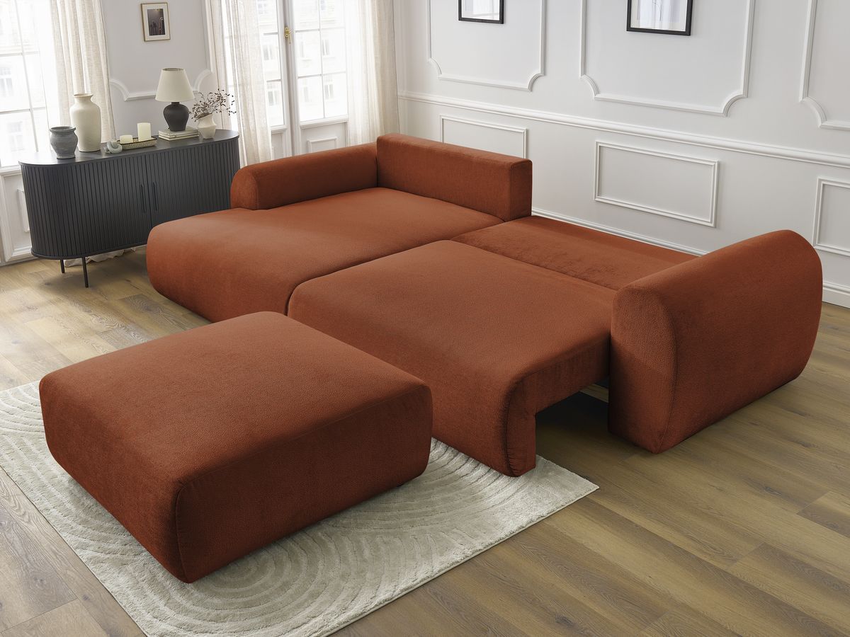 Bobochic Lucien Ecksofa mit Schlaffunktion und Bettkasten und Pouf 314 × 167 cm Stoff Orange Ecke links