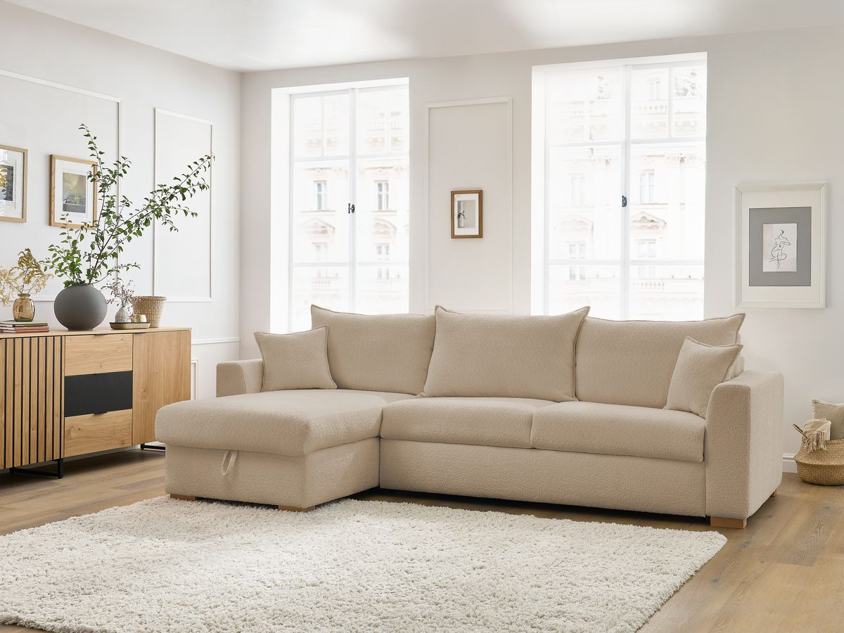 Bobochic Augustin Ecksofa mit Schlaffunktion und Bettkasten Bouclé-Stoff Beige, Liegefläche 160 × 200 cm
