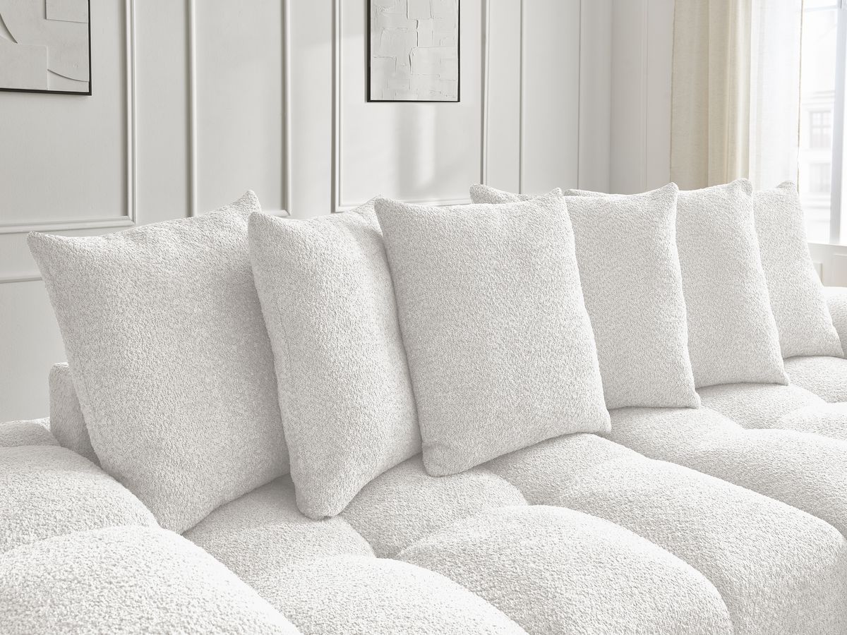 Bobochic Anakin Schlafsofa 3-Sitzer mit Bettkasten, 6 Kissen Bouclé-Stoff Weiß