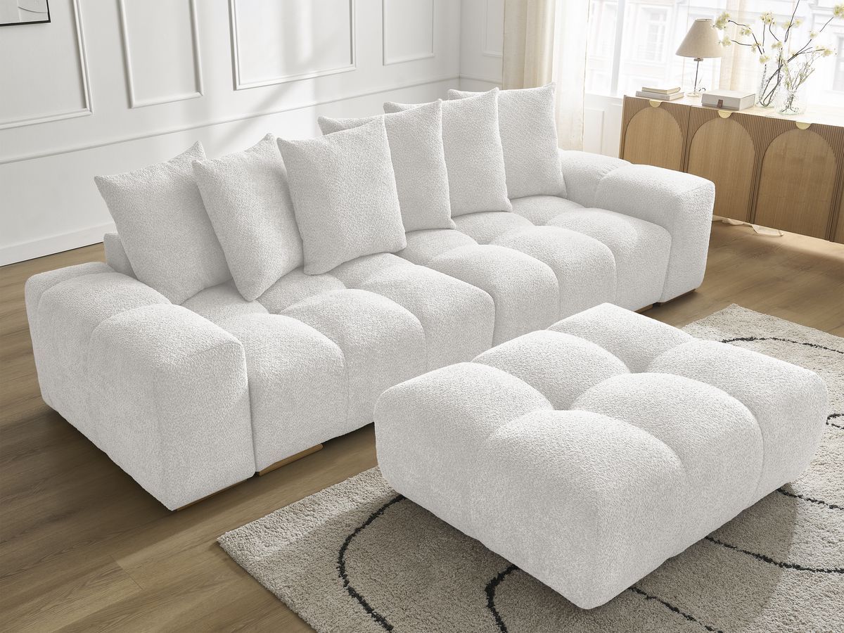 Bobochic Anakin Sofa 3-Sitzer mit Pouf, 6 Kissen Bouclé-Stoff Weiß