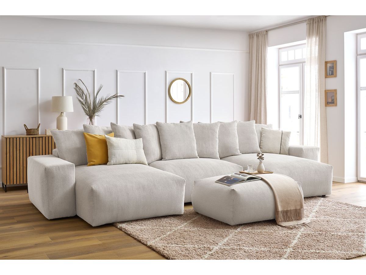 Bobochic Voltaire Wohnlandschaft mit Pouf 420 × 174 cm, Liegefläche 135 × 345 cm Cordsamt Beige