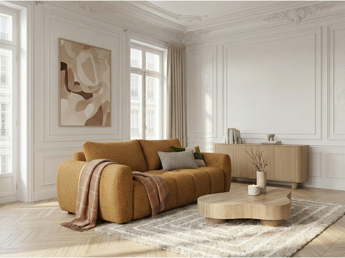 Bobochic Fuji Schlafsofa 3-Sitzer Bouclé-Stoff Gelb