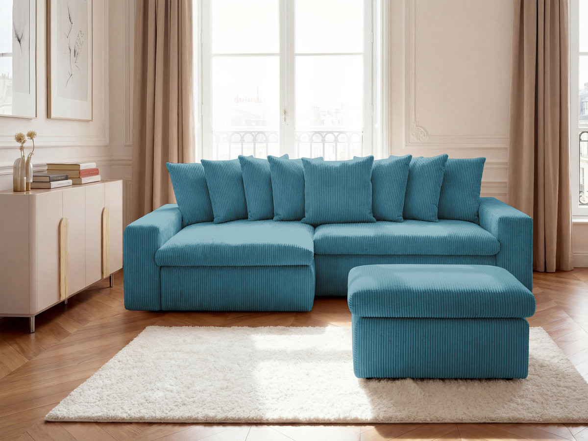 Bobochic Enore Ecksofa mit Pouf Cordsamt Hellblau Ecke links
