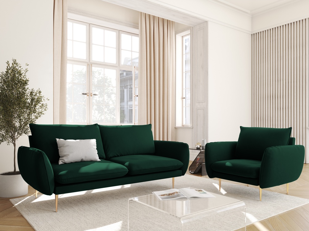 Cosmopolitan Design Sessel Vienna Samt Bluvel Flaschengrün Beine Gold