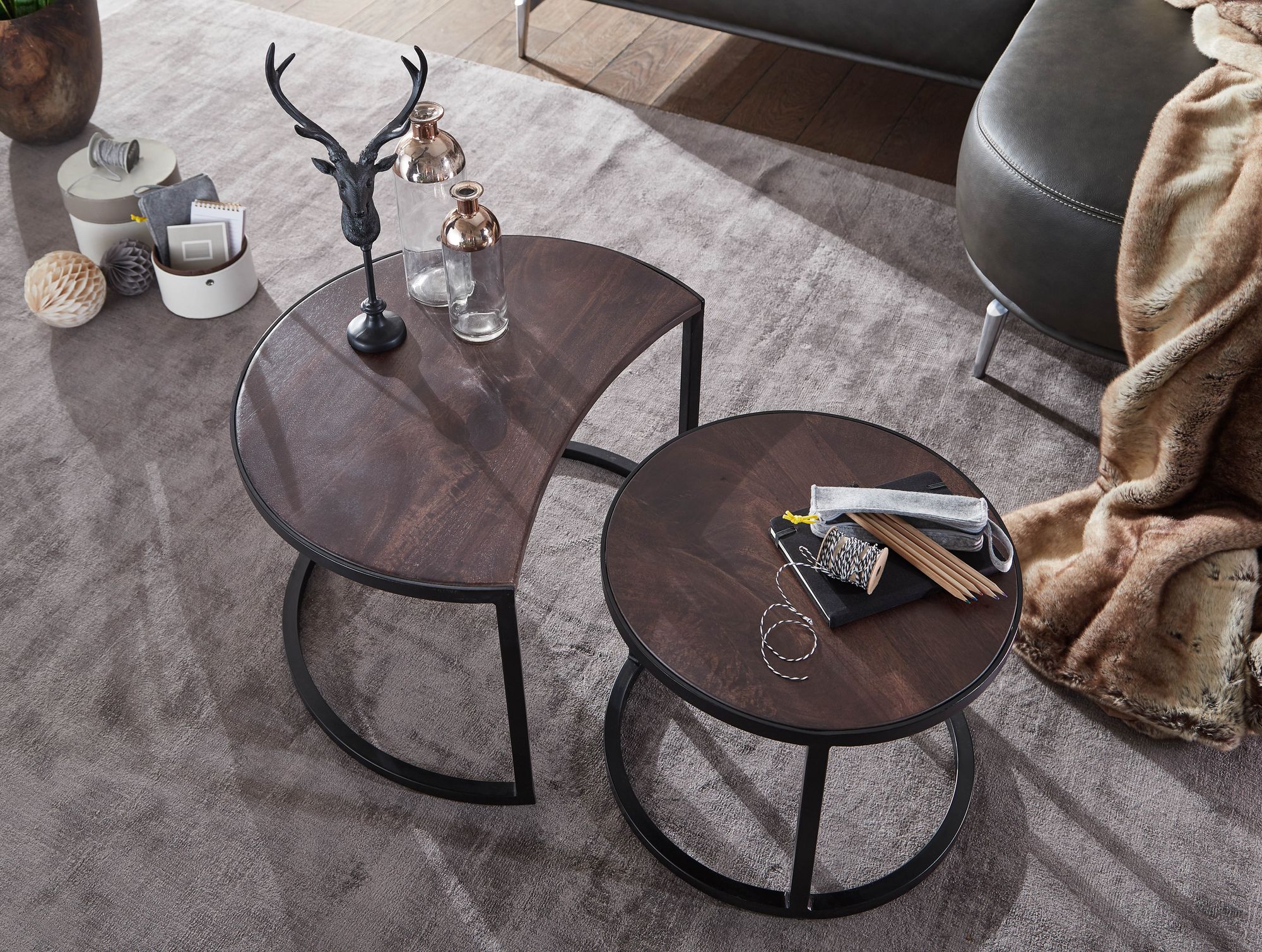 Satztisch 2er-Set Geiranger Massivholz Braun Ø 41 cm
