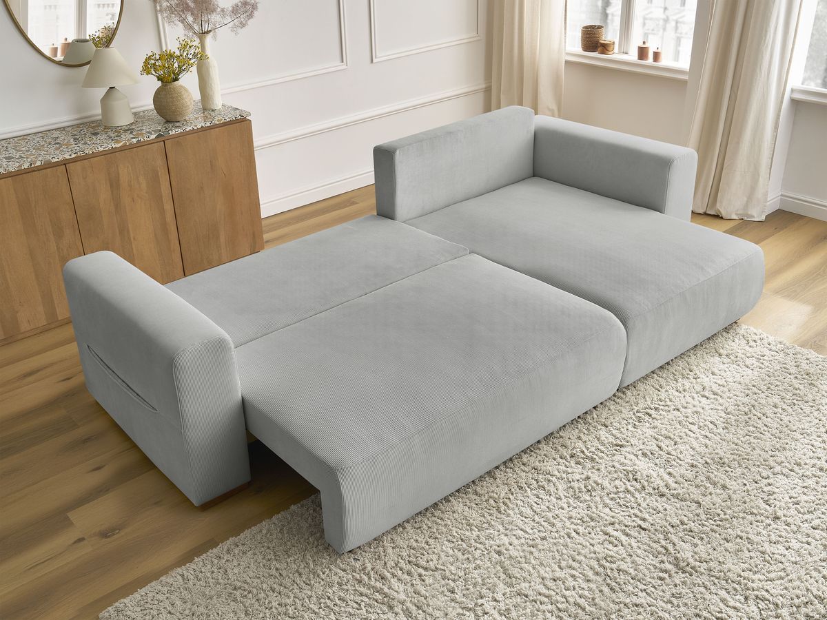 Bobochic Sidonie Ecksofa mit Schlaffunktion und Bettkasten Cordsamt Hellgrau
