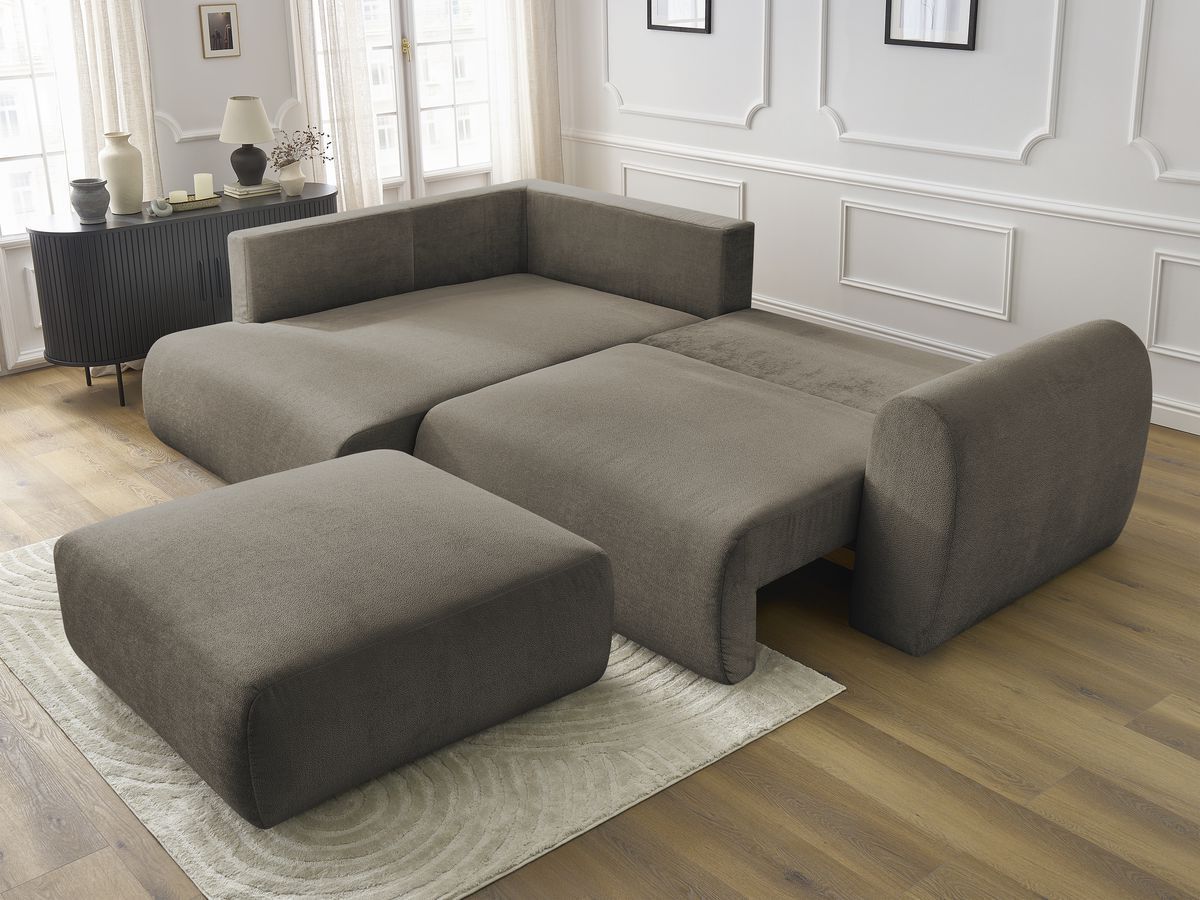 Bobochic Lucien Ecksofa mit Schlaffunktion und Bettkasten und Pouf 296 × 198 cm Stoff Taupe Ecke links