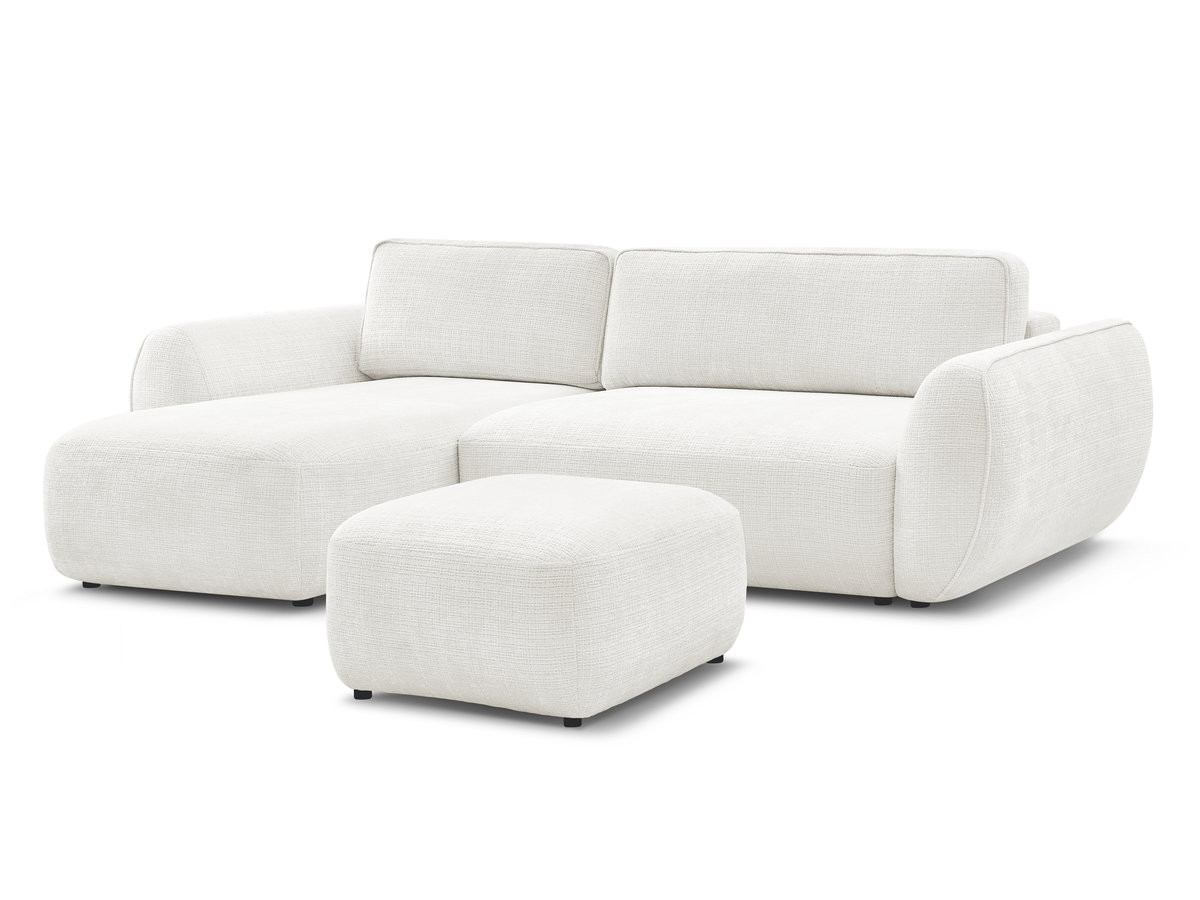 Bobochic Denise Ecksofa mit Schlaffunktion und Bettkasten und Pouf 258 × 160 cm Strukturstoff Weiß Ecke links