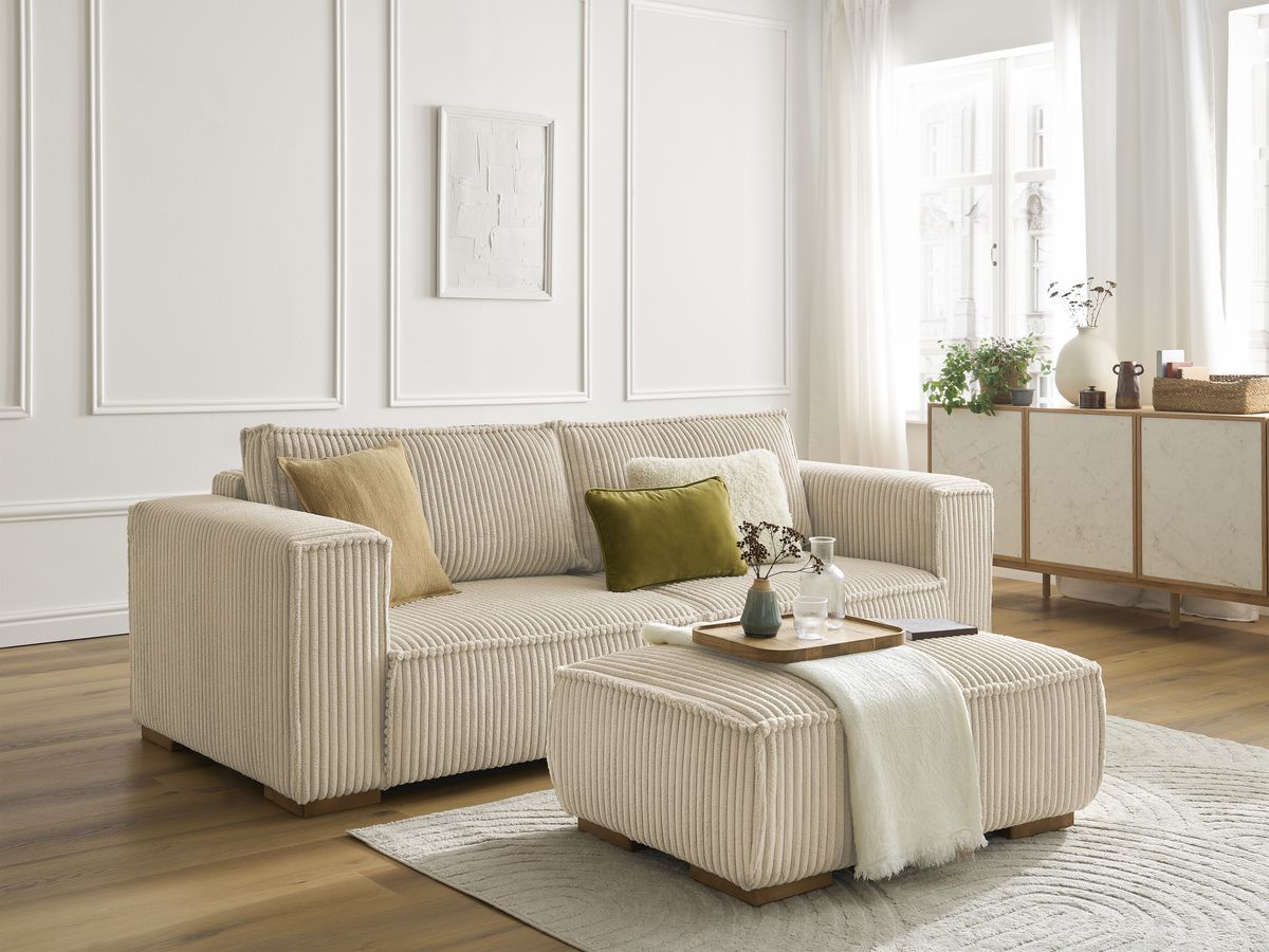Bobochic Chelsea Sofa 4-Sitzer mit Pouf Breitcord weich Taupe