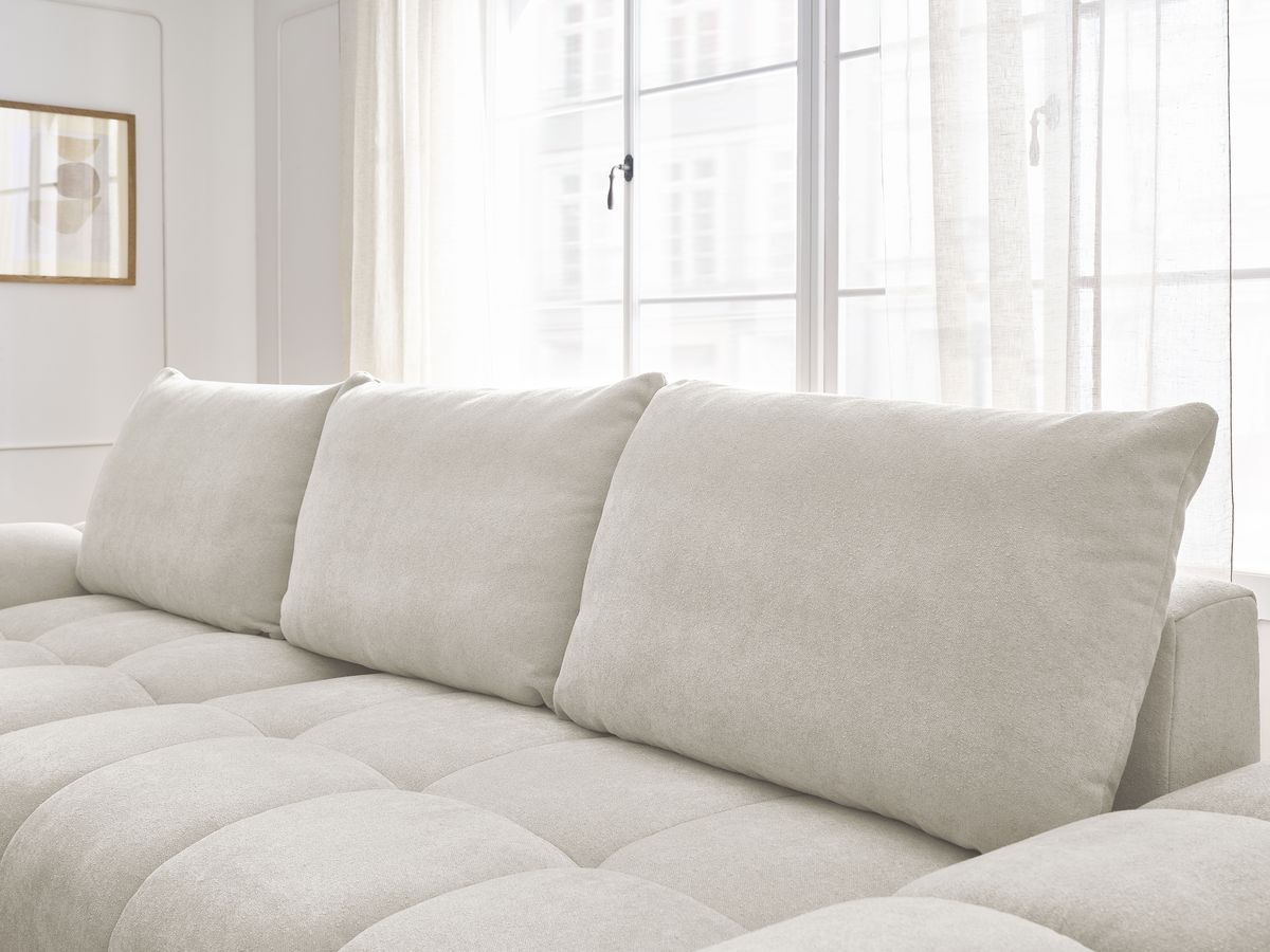 Bobochic Everest Ecksofa mit Schlaffunktion und Bettkasten und Pouf 318 × 180 cm, 3 Kissen Strukturstoff Weiß Ecke links