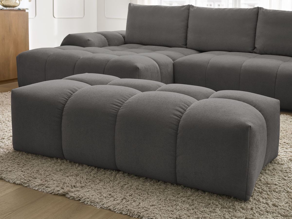 Bobochic Everest Ecksofa mit Schlaffunktion und Bettkasten und Pouf 318 × 180 cm, 3 Kissen Strukturstoff Dunkelgrau Ecke links
