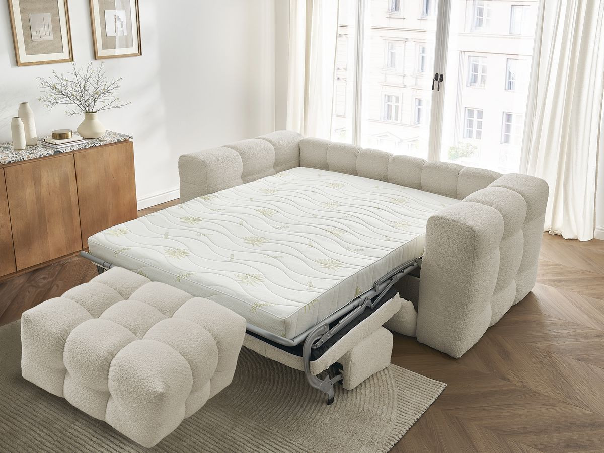 Bobochic Cloud Schlafsofa 3-Sitzer mit Pouf Bouclé-Stoff Beige