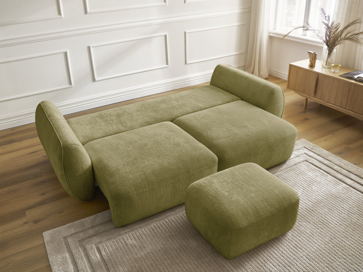 Bobochic Denise Schlafsofa 3-Sitzer mit Bettkasten und Pouf Strukturstoff Grün