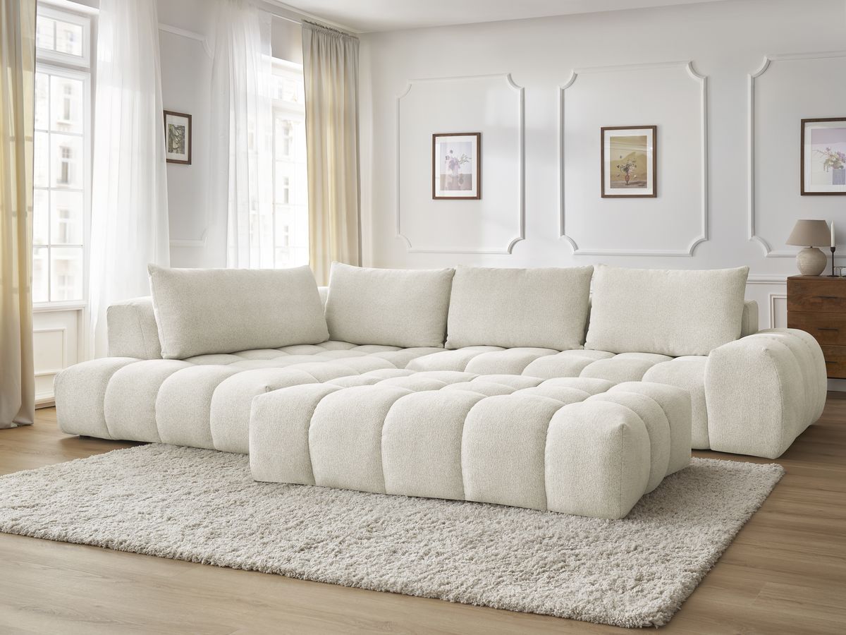 Bobochic Everest Ecksofa mit Schlaffunktion und Pouf, 4 Kissen Melange-Stoff Weiß Ecke links