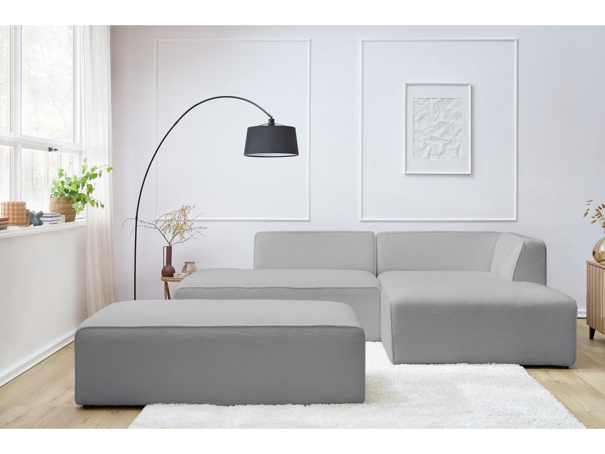 Bobochic Megeve Ecksofa mit Schlaffunktion und Pouf Bouclé-Stoff Hellgrau Ecke rechts
