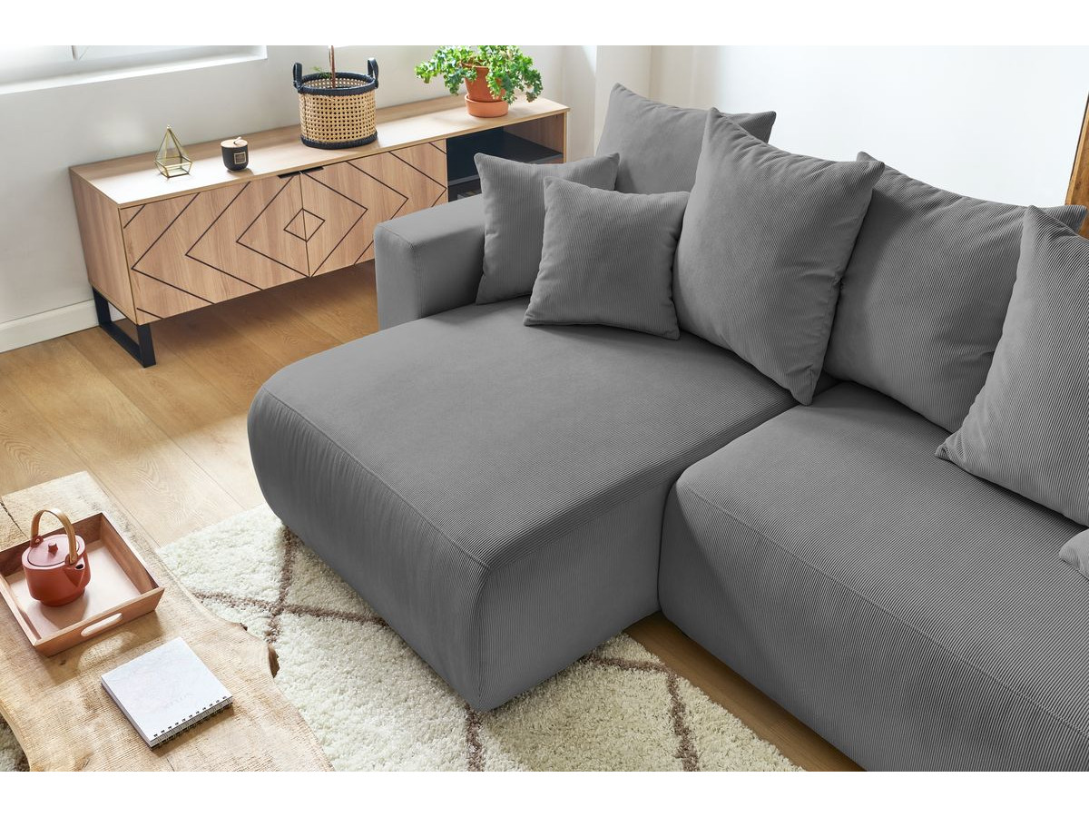 Bobochic Envy Ecksofa mit Schlaffunktion und Bettkasten und Pouf Cordsamt Dunkelgrau