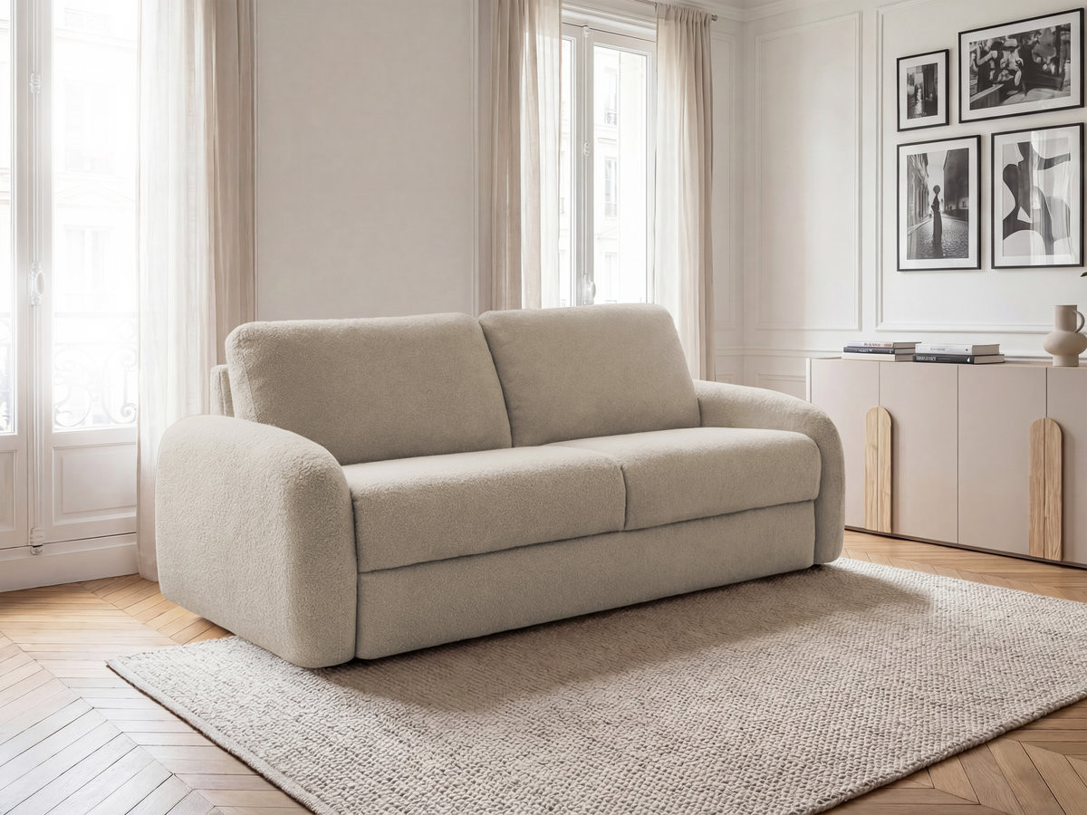 Bobochic Kenan Schlafsofa 3-Sitzer Bouclé-Stoff Beige, Liegefläche 140 × 196 cm