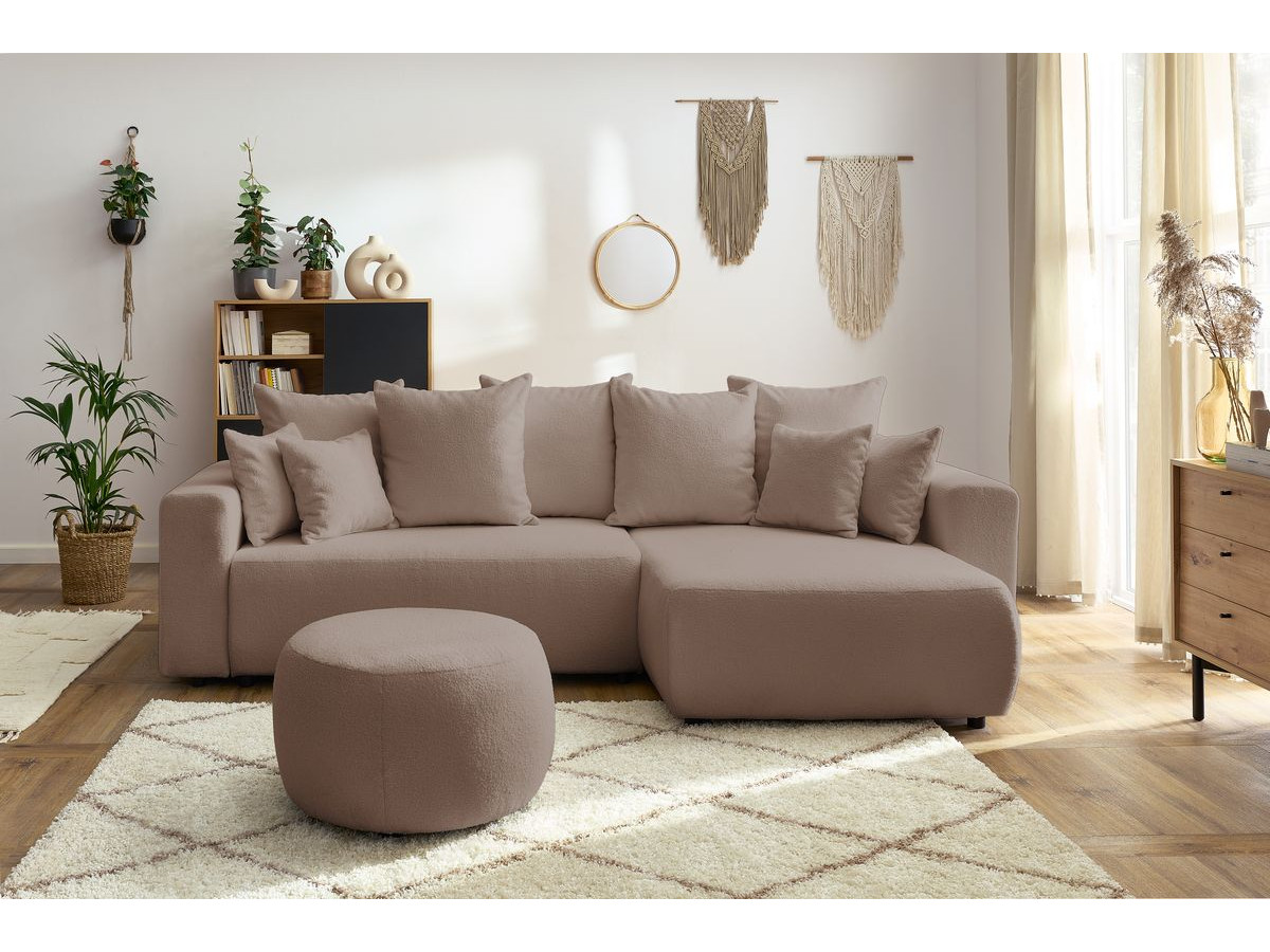 Bobochic Envy Ecksofa mit Schlaffunktion und Bettkasten und rundem Pouf Bouclé-Stoff Braun