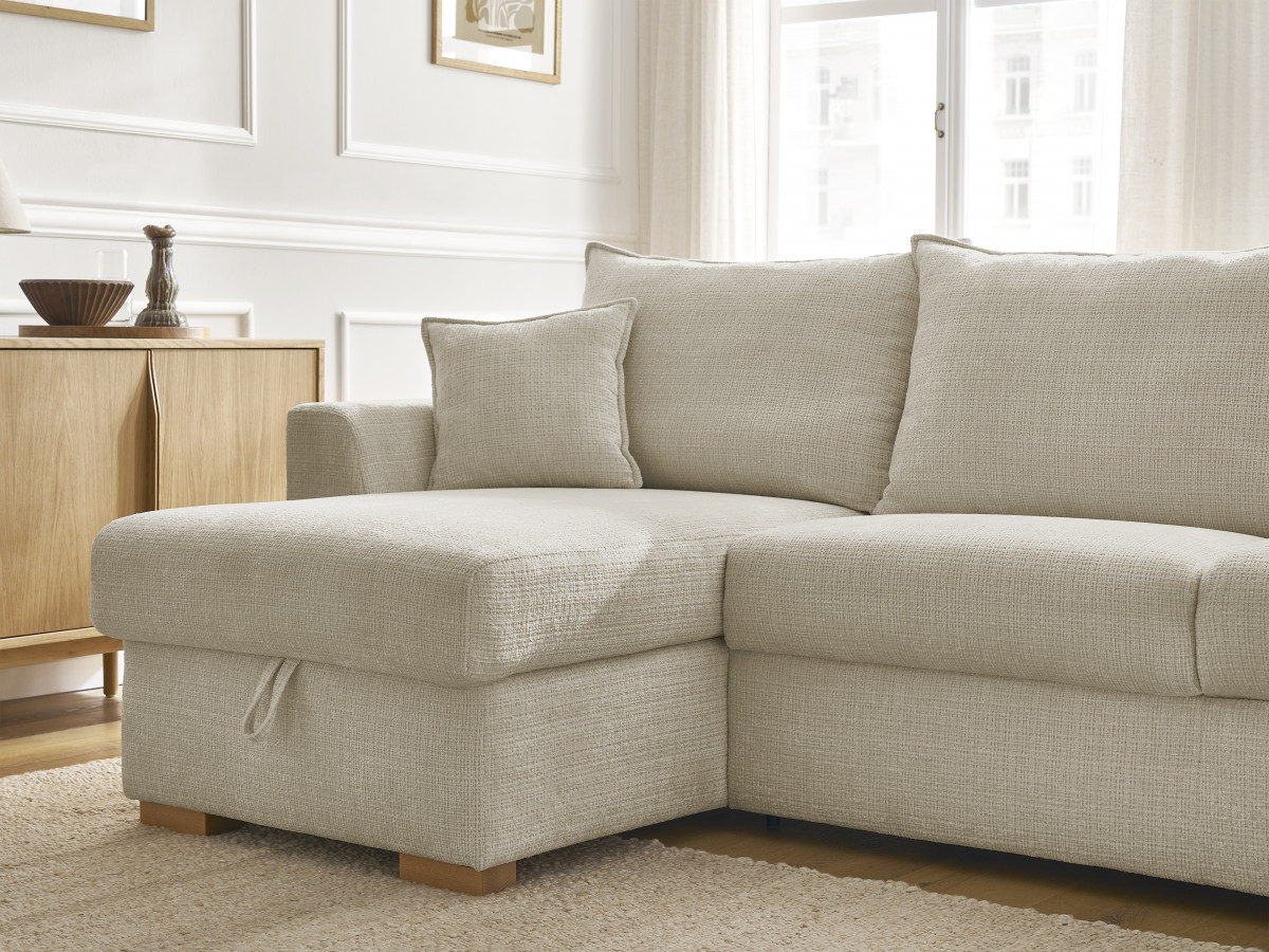 Bobochic Augustin Ecksofa mit Schlaffunktion und Bettkasten Strukturstoff Beige, Liegefläche 160 × 200 cm
