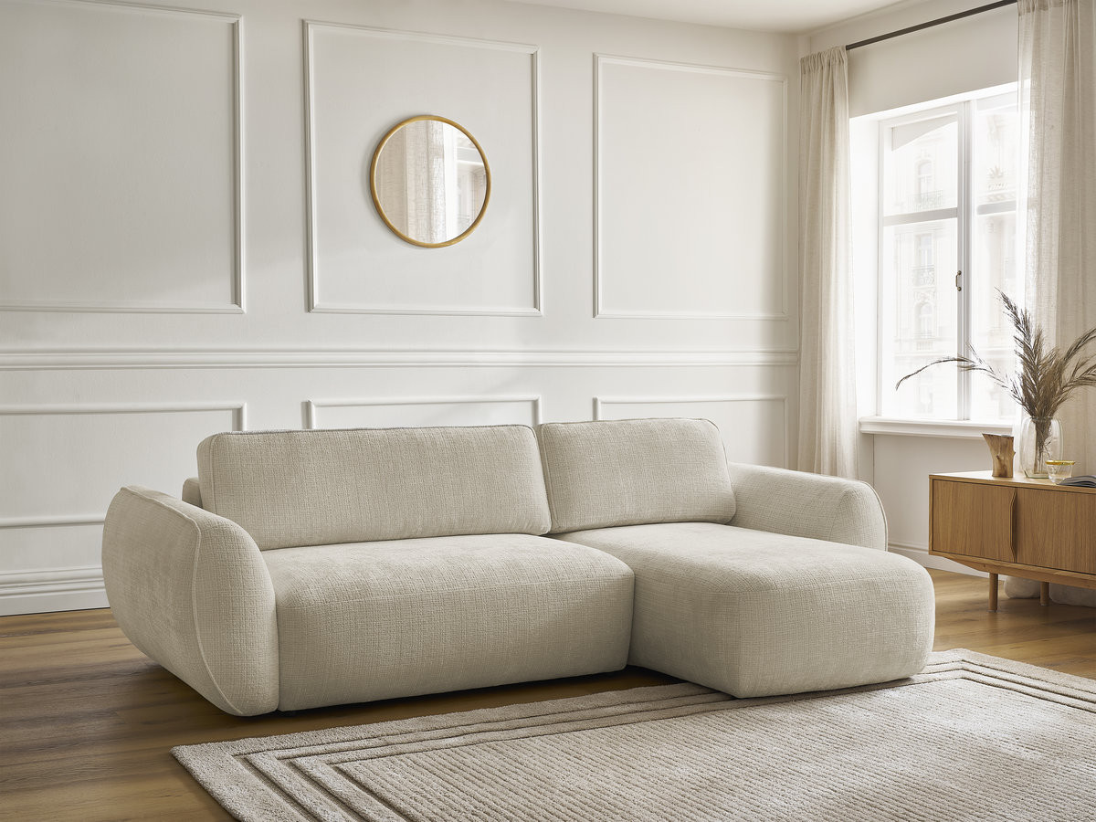 Bobochic Denise Ecksofa mit Schlaffunktion und Bettkasten 258 × 160 cm Strukturstoff Beige Ecke rechts
