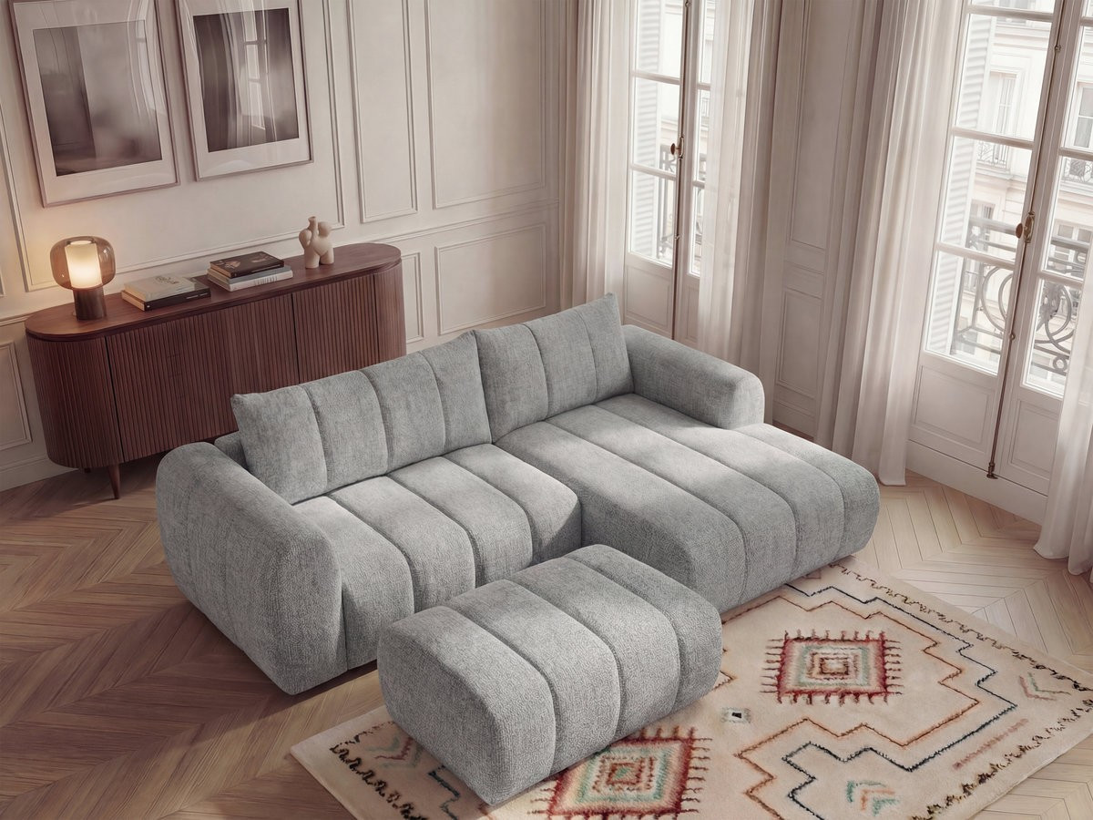Bobochic Nesty Ecksofa 272 cm mit Pouf Melange-Stoff Hellgrau Ecke rechts