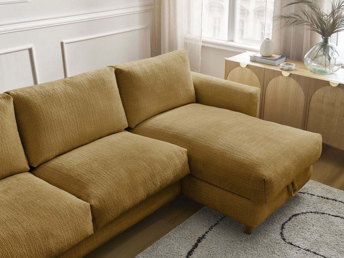 Bobochic Cocoone Ecksofa mit Schlaffunktion und Bettkasten Strukturstoff Gelb, Liegefläche 140 × 200 cm