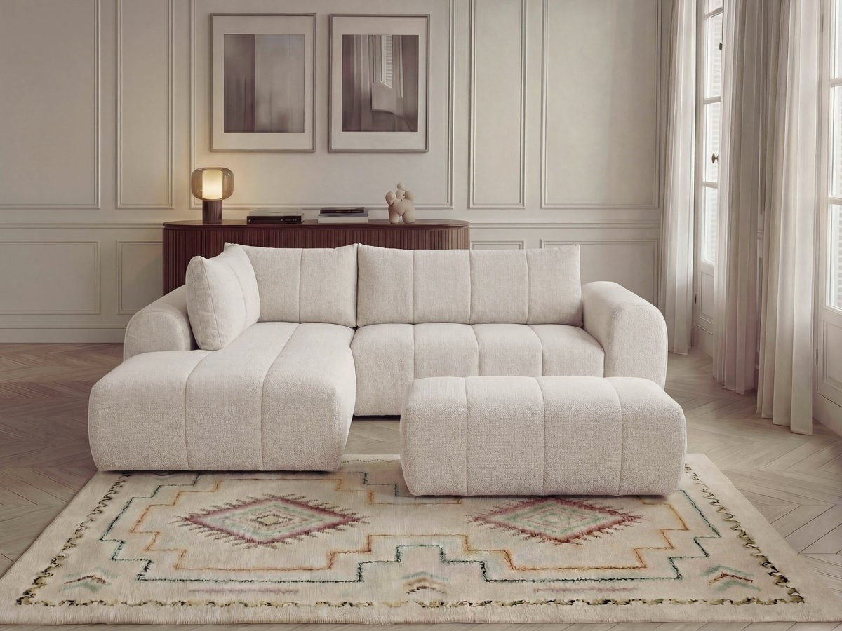 Bobochic Nesty Ecksofa in L-Form, 256 cm, mit Pouf Melange-Stoff Beige Ecke links