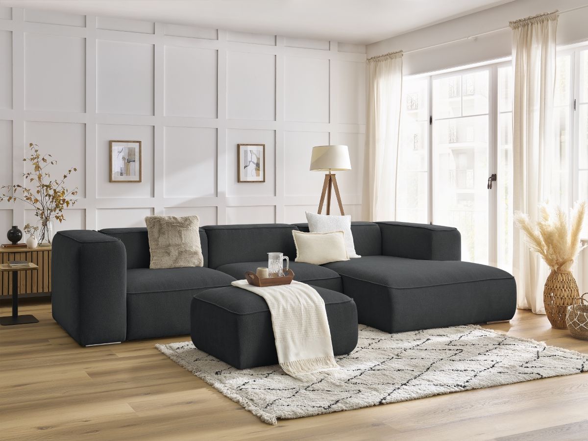 Bobochic Zephyr Ecksofa mit Pouf 349 × 165 cm Strukturstoff Dunkelgrau Ecke rechts