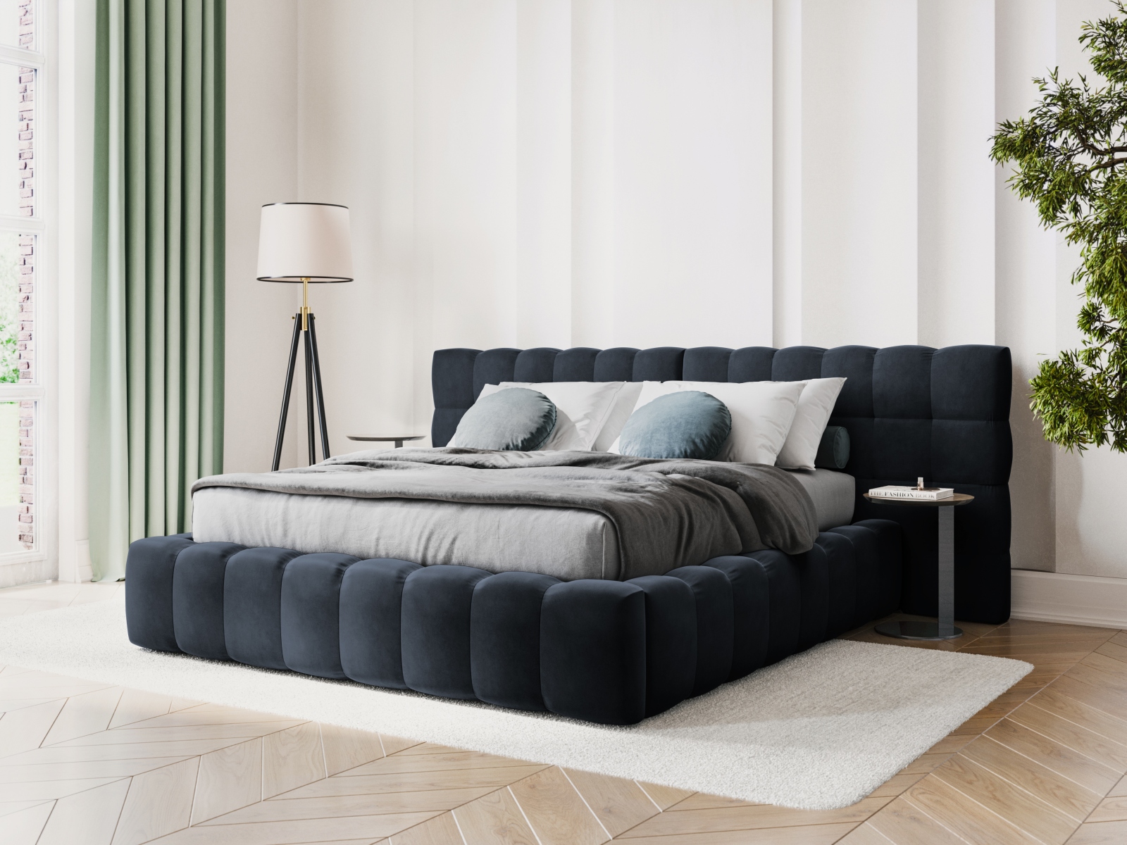 Cosmopolitan Design Stauraumbett mit doppeltem Kopfteil Bali 200x200 Samt Bluvel Dunkelblau