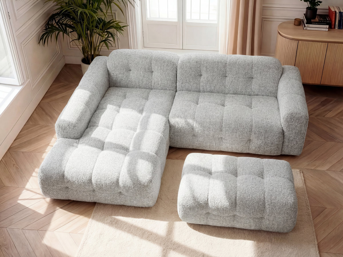 Bobochic Laura Ecksofa mit großem Pouf Melange-Stoff Hellgrau Ecke links