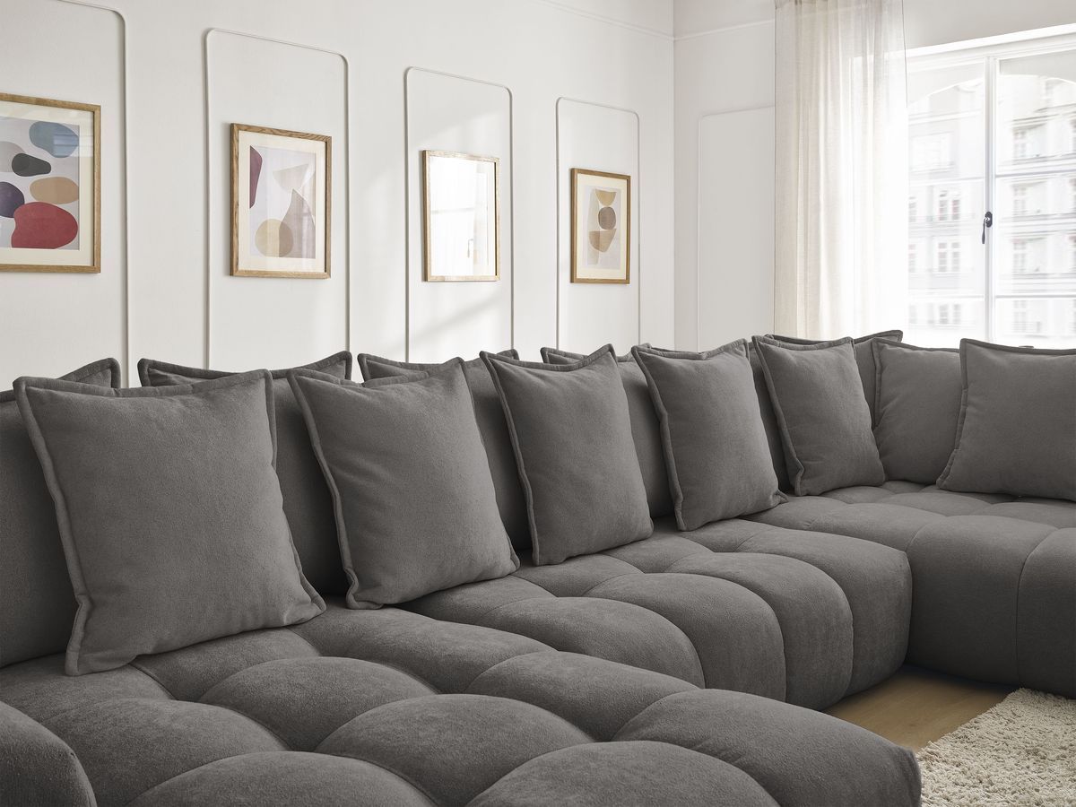 Bobochic Everest Wohnlandschaft, 14 Kissen Strukturstoff Dunkelgrau Ecke links
