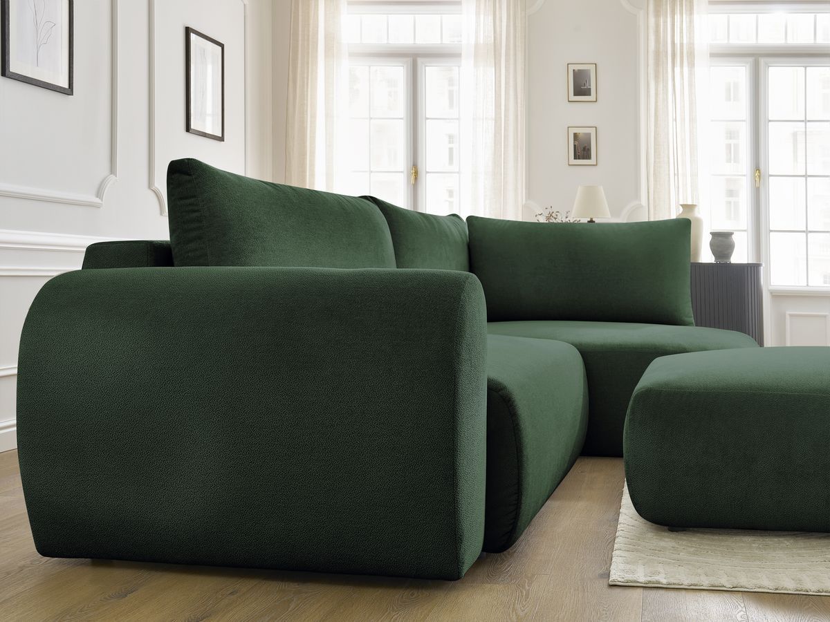 Bobochic Lucien Ecksofa mit Schlaffunktion und Bettkasten und Pouf 296 × 198 cm Stoff Grün Ecke rechts