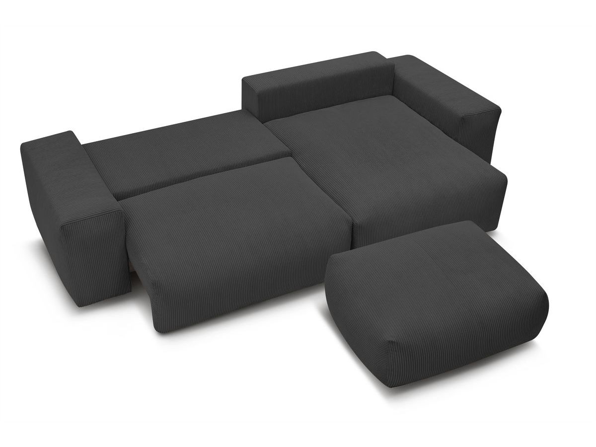 Bobochic Voltaire Ecksofa mit Schlaffunktion und Bettkasten und Pouf Cordsamt Dunkelgrau