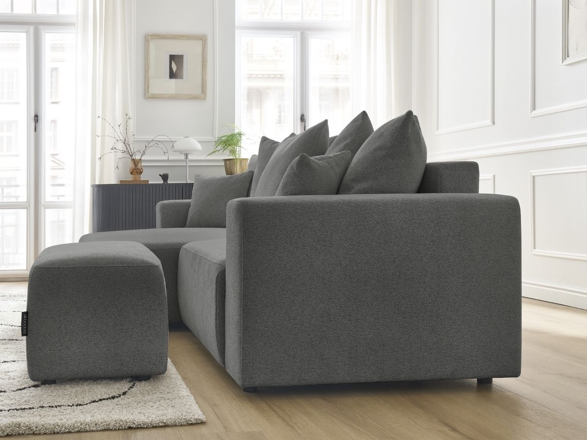 Bobochic Atilla Ecksofa mit Schlaffunktion und Bettkasten und Pouf Melange-Stoff Dunkelgrau Ecke links