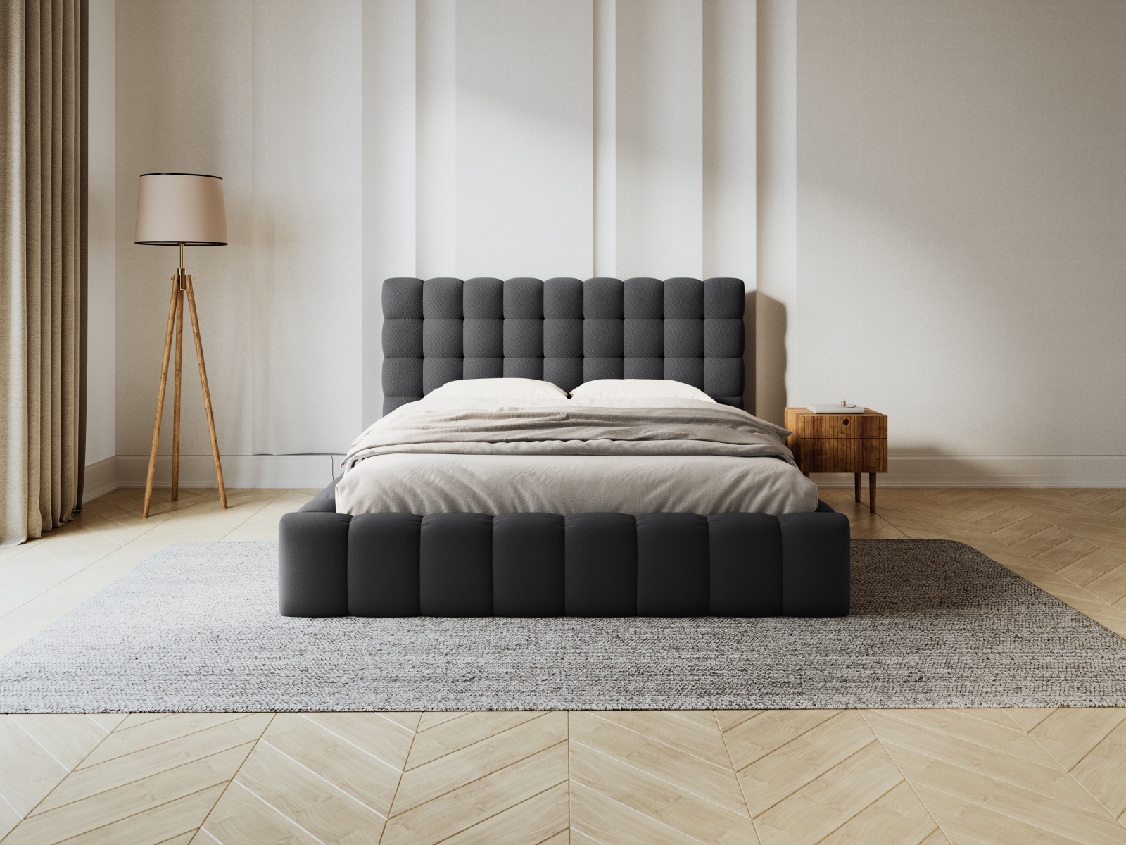 Micadoni Stauraumbett mit Kopfteil Mamaia Strukturierter Stoff Dunkelgrau 200x200