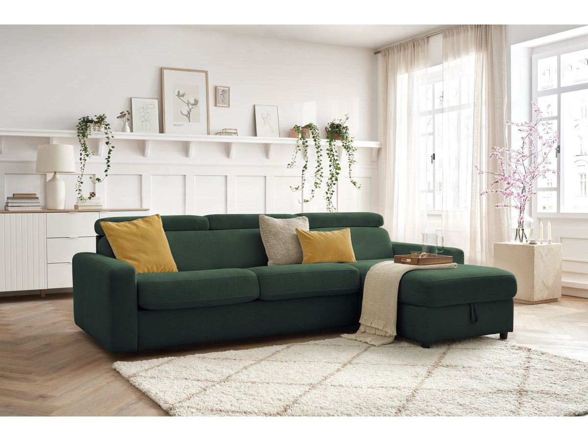 Bobochic Monaco Ecksofa mit Schlaffunktion und Bettkasten Stoff Grün, Liegefläche 140 × 190 cm