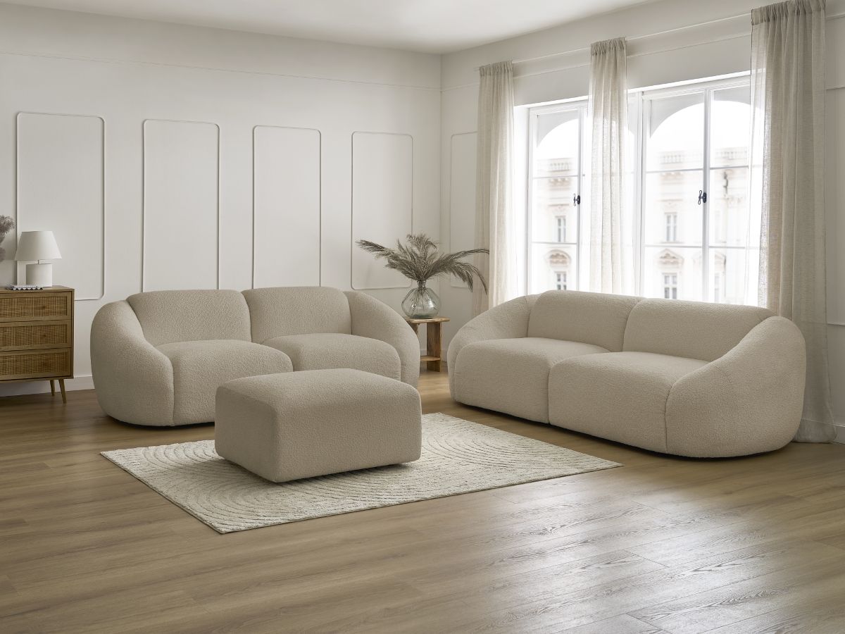 Bobochic Tina Sofa 6-Sitzer mit Pouf Bouclé-Stoff Beige