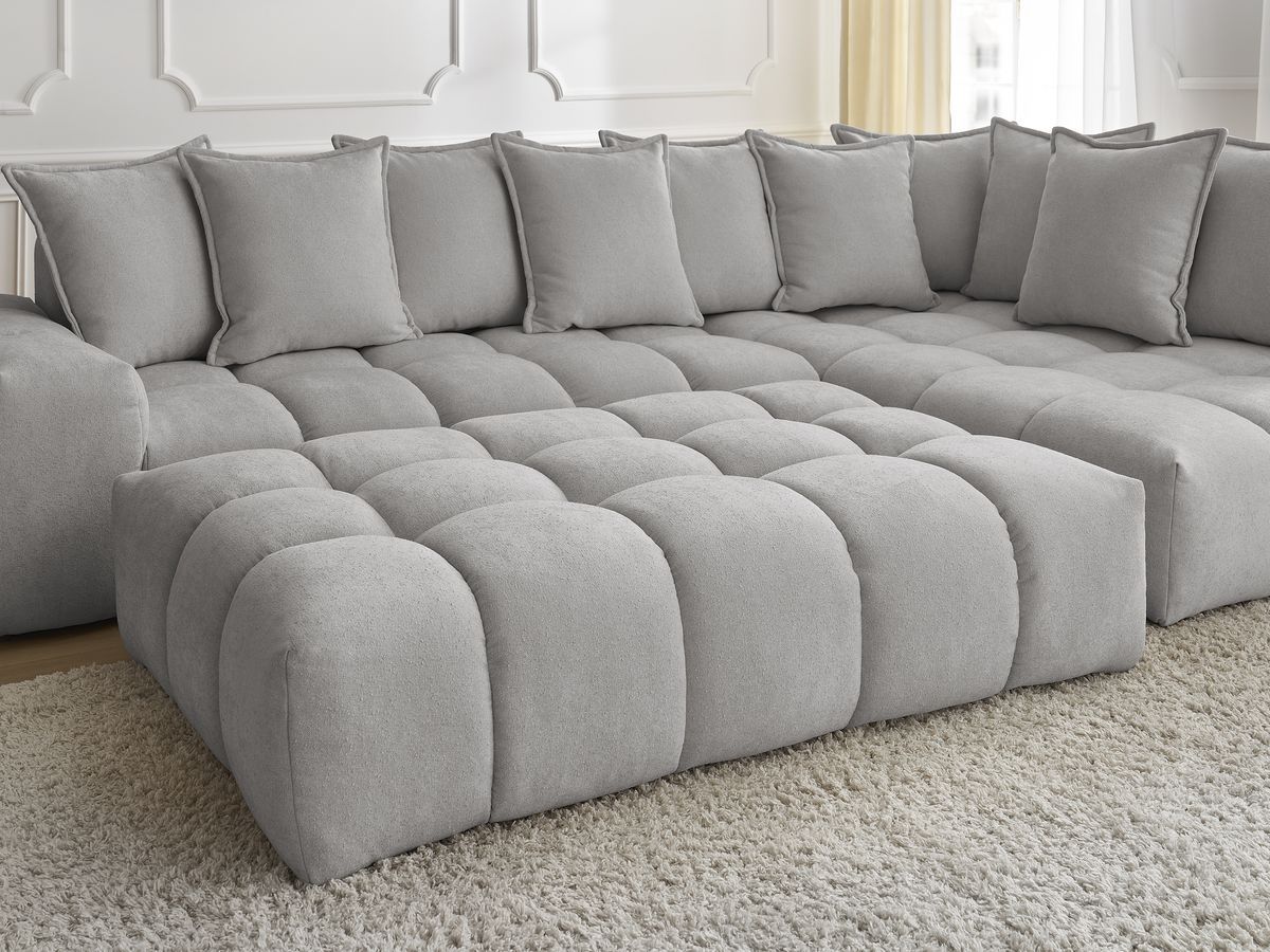 Bobochic Everest Ecksofa mit Schlaffunktion und Pouf, 10 Kissen Strukturstoff Hellgrau Ecke rechts