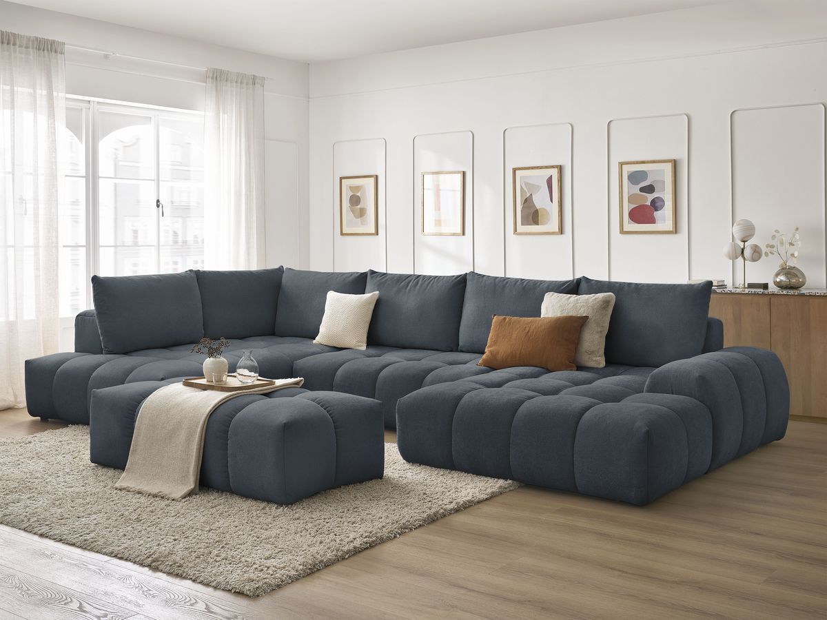 Bobochic Everest Wohnlandschaft mit Pouf, 6 Kissen Strukturstoff Dunkelblau Ecke rechts