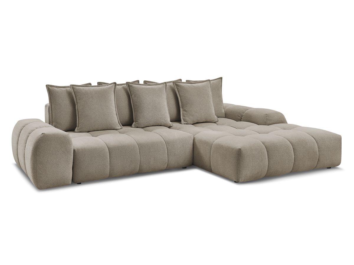 Bobochic Everest Ecksofa mit Schlaffunktion und Bettkasten 318 × 180 cm, 7 Kissen Melange-Stoff Taupe Ecke rechts