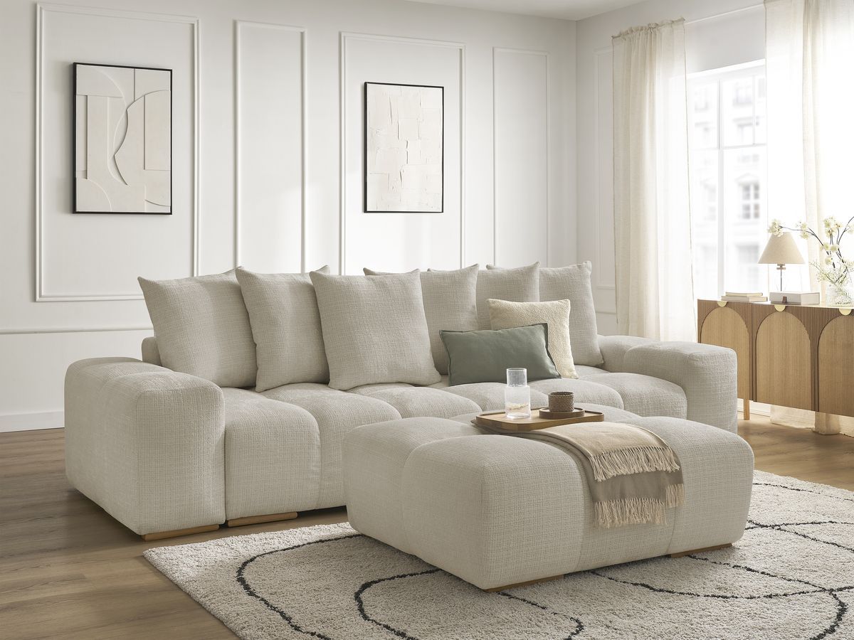 Bobochic Anakin Schlafsofa 3-Sitzer mit Bettkasten und Pouf, 6 Kissen Strukturstoff Beige