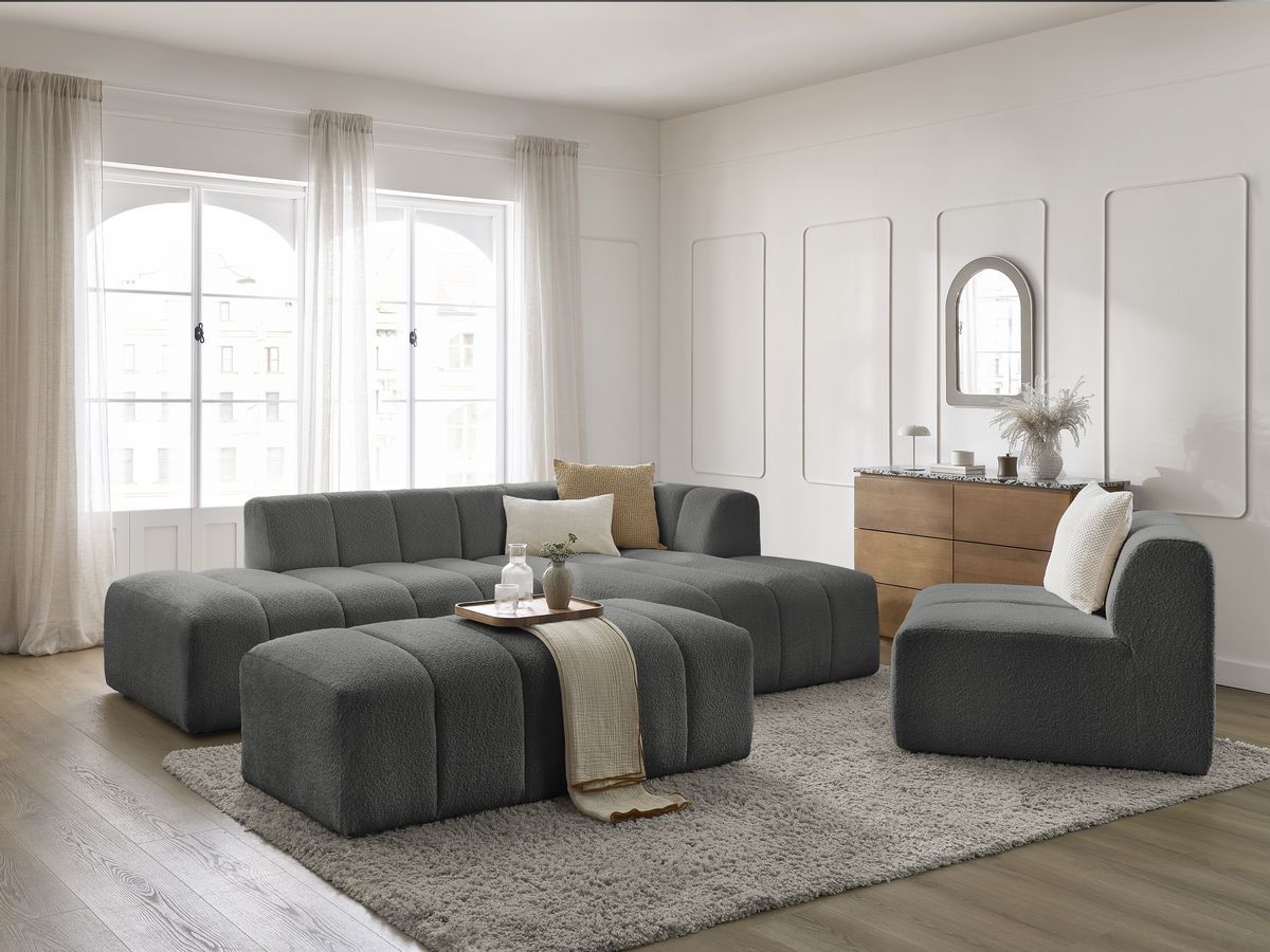 Bobochic Annecy Ecksofa mit Sofamodul und Pouf Bouclé-Stoff Dunkelgrau Ecke rechts