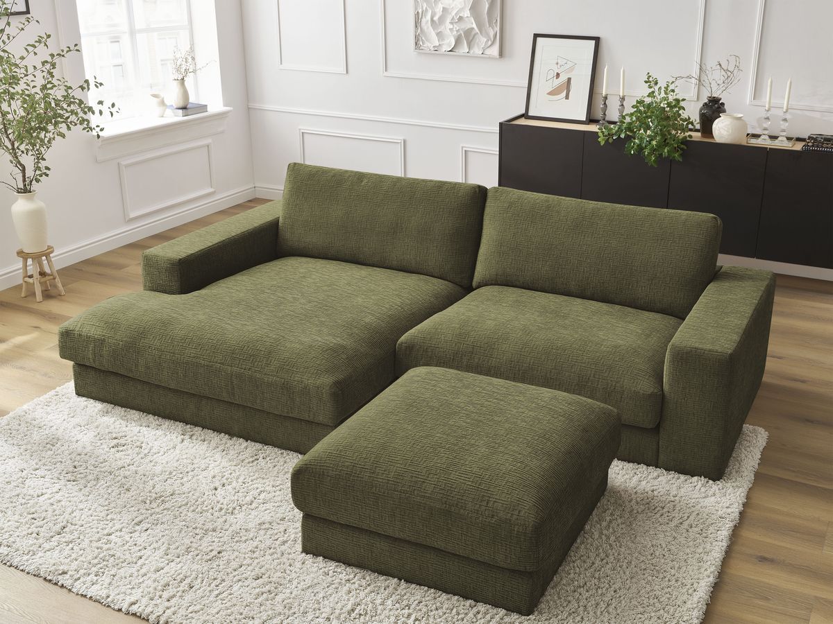 Bobochic Leonard Ecksofa mit Pouf 234 × 159 cm Strukturstoff Grün Ecke links
