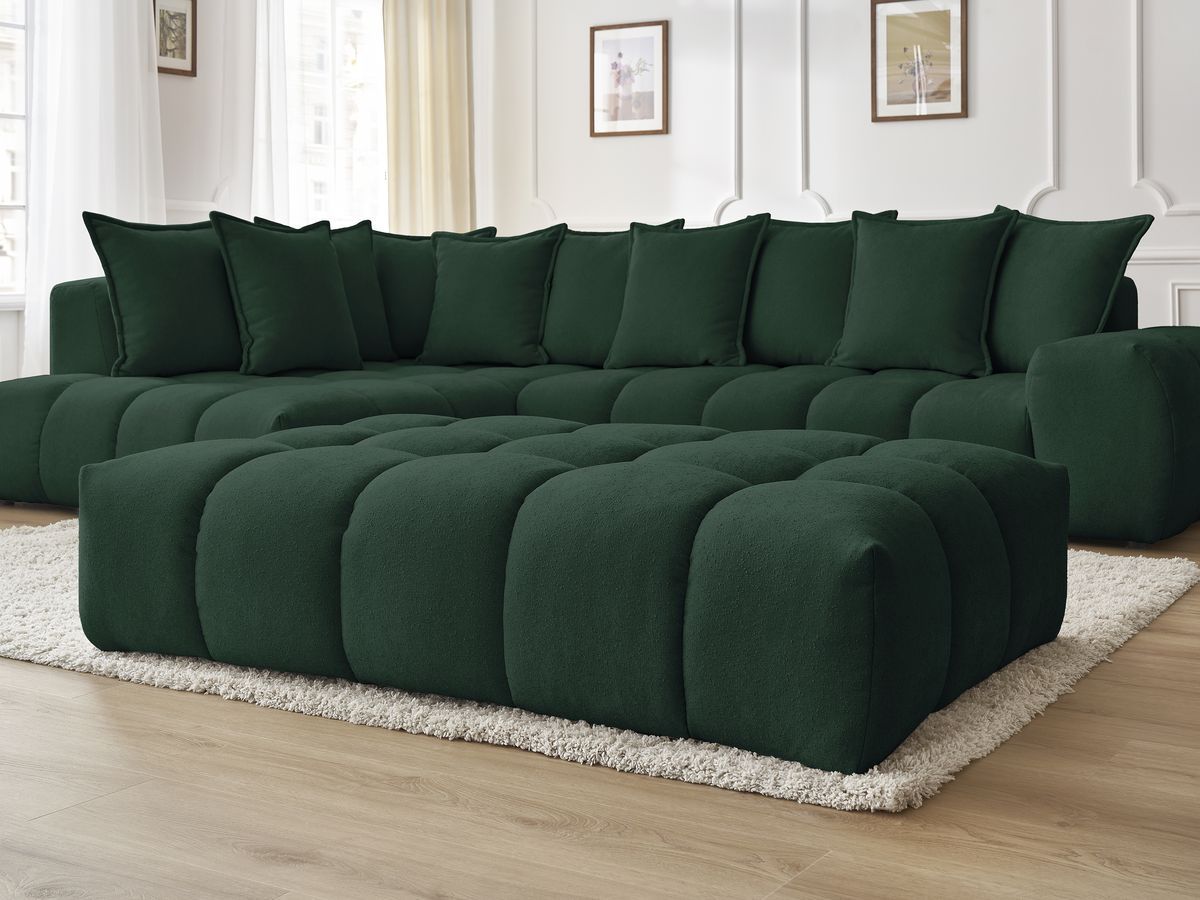 Bobochic Everest Ecksofa mit Schlaffunktion und Pouf, 10 Kissen Strukturstoff Grün Ecke links