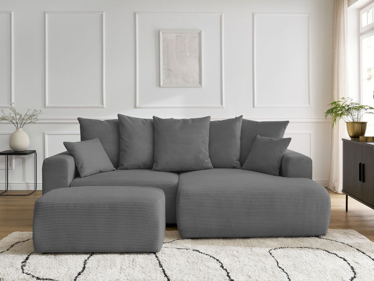 Bobochic Atilla Ecksofa mit Schlaffunktion und Bettkasten und Pouf Cordsamt Dunkelgrau Ecke rechts