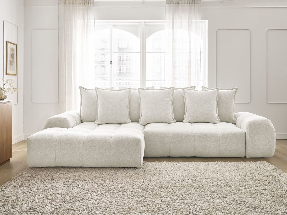 Bobochic Everest Ecksofa mit Schlaffunktion und Bettkasten 318 × 180 cm, 7 Kissen Melange-Stoff Weiß Ecke links
