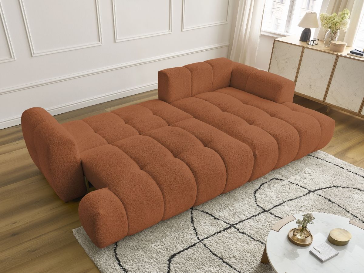 Bobochic Fuji Ecksofa mit Schlaffunktion und Bettkasten 292 × 160 cm Bouclé-Stoff Orange Ecke rechts