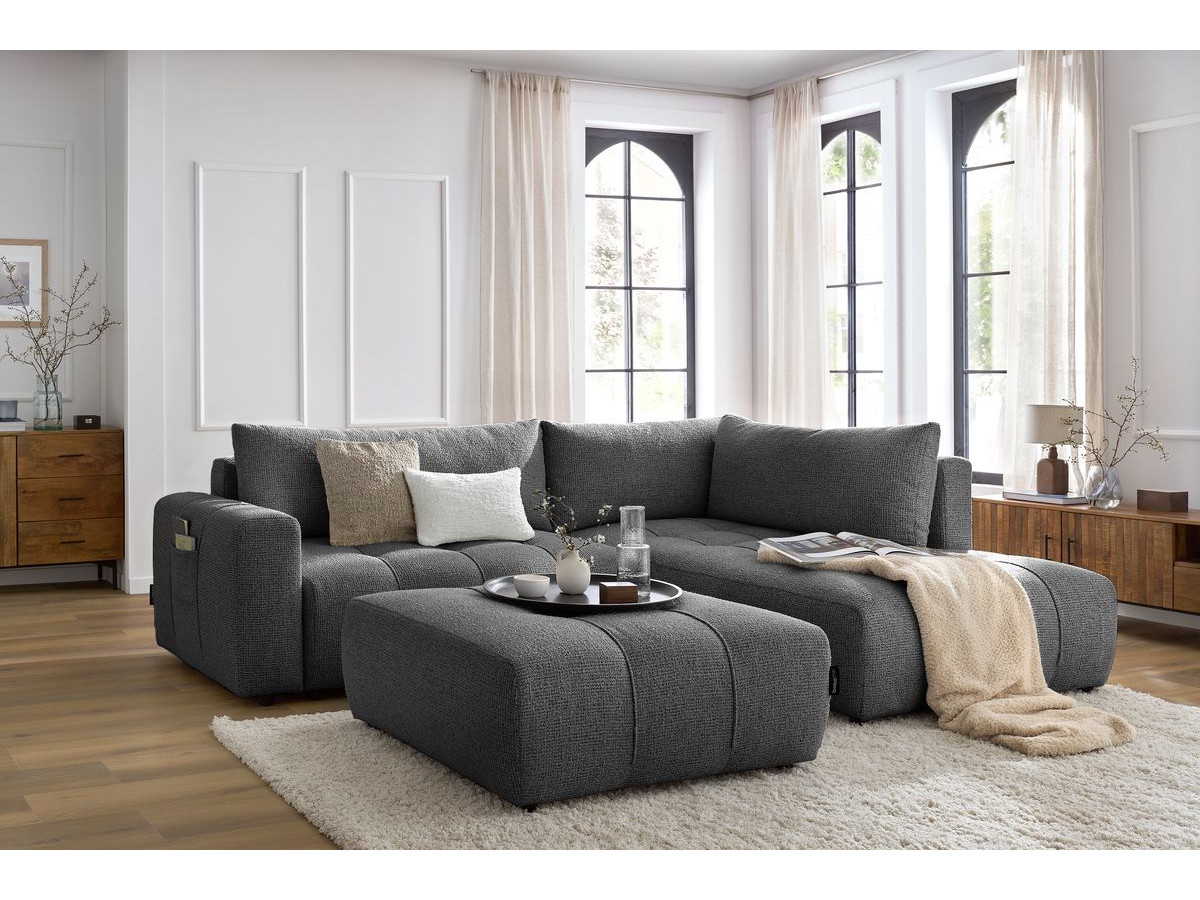 Bobochic Arsene Ecksofa mit Schlaffunktion und Bettkasten und Pouf 277 × 200 cm Melange-Stoff Dunkelgrau Ecke rechts