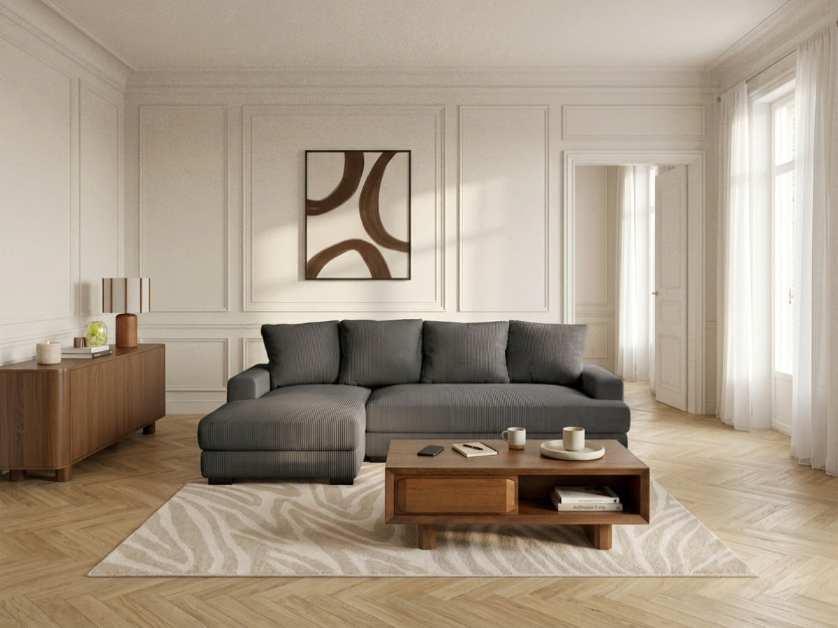 Bobochic Campi Ecksofa mit Schlaffunktion und Bettkasten Cordsamt Dunkelgrau Ecke links