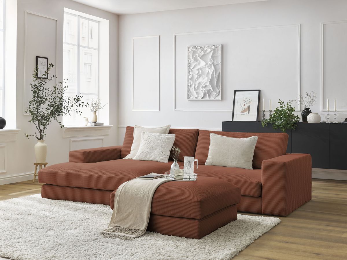 Bobochic Leonard Ecksofa mit Pouf 274 × 159 cm Cordsamt Orange Ecke links